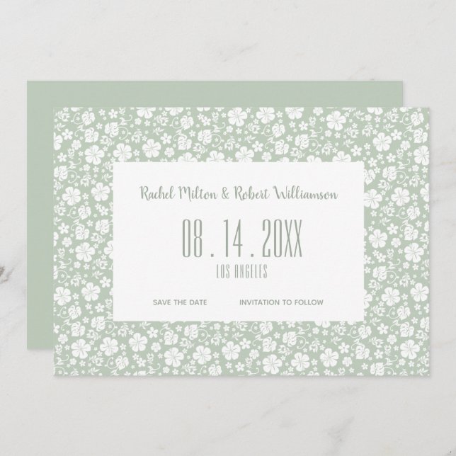 Hibiscus Tropical Pale Green Wedding Save The Date (Front/Back)