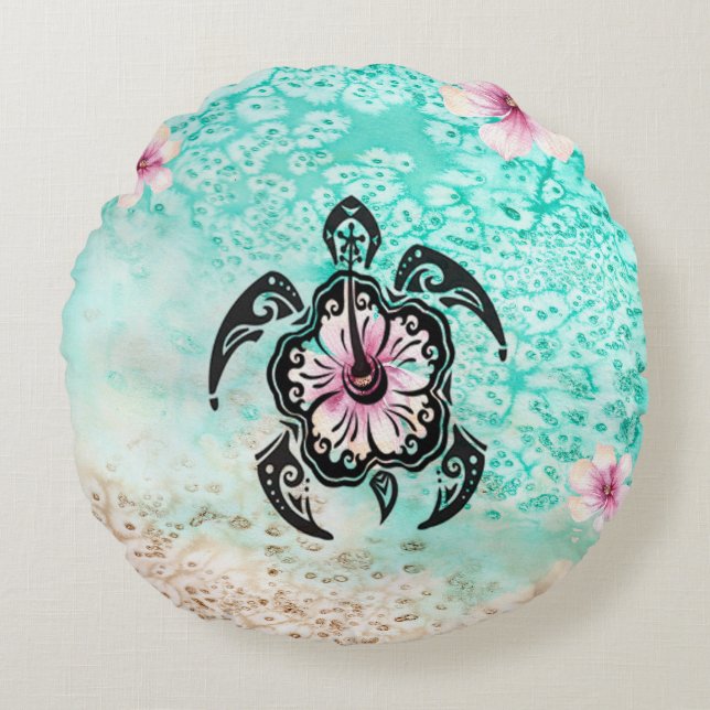 Hibiscus Turtle Round Cushion (Front)