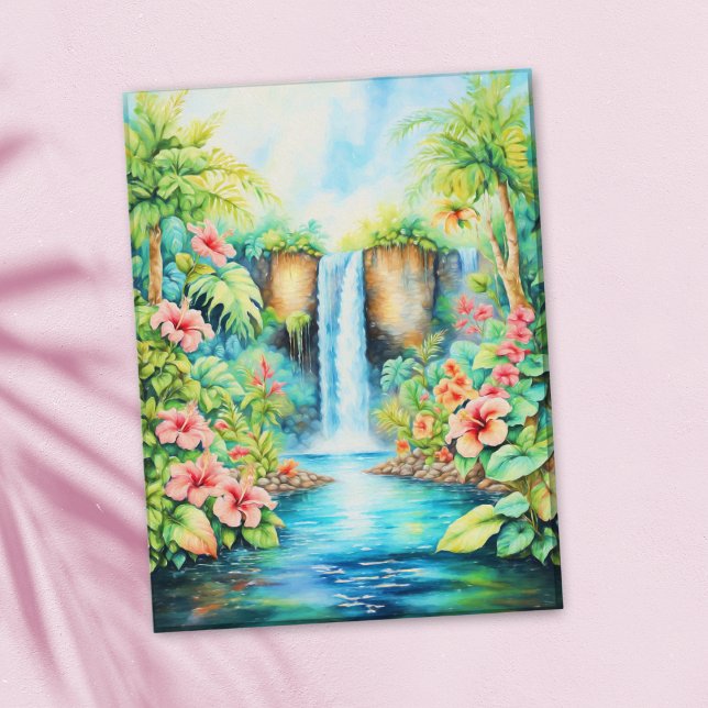 Hibiscus Waterfall In Tropical Garden Oil Painting Postcard (Send peace and serenity with this tranquil tropical hibiscus waterfall postcard.)