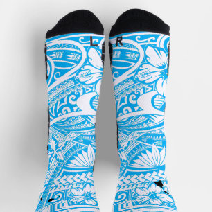 HIBISICUS POLYNESIAN TRIBAL HAWAII ISLANDS LtBlue Socks