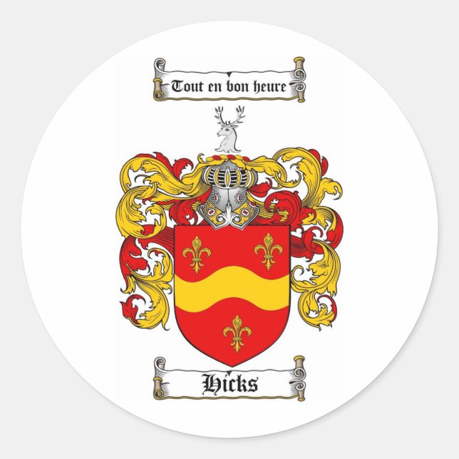 HICKS FAMILY CREST -  HICKS COAT OF ARMS CLASSIC ROUND STICKER (Front)