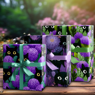 Hidden Black Cats in Dreamy Purple Floral Garden Wrapping Paper Sheet