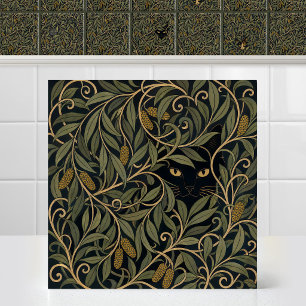 Hidden Cat Willow Foliage Pine Cones Vintage Art Ceramic Tile