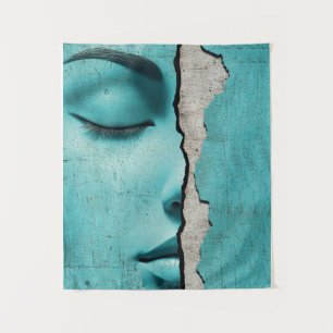 Hidden Girl Behind a Cracked Mint Wall Tapestry