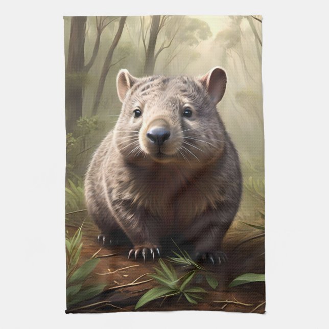 "Hidden in the Bush: An Aussie Wombat in the Wild" Tea Towel (Vertical)
