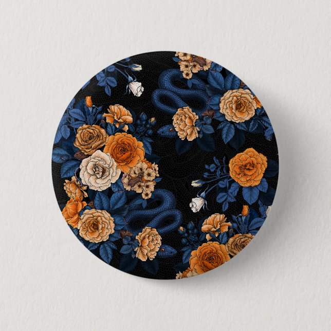 Hidden in the roses, orange and blue 6 cm round badge (Front)