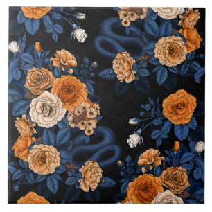 Hidden in the roses, orange and blue ceramic tile