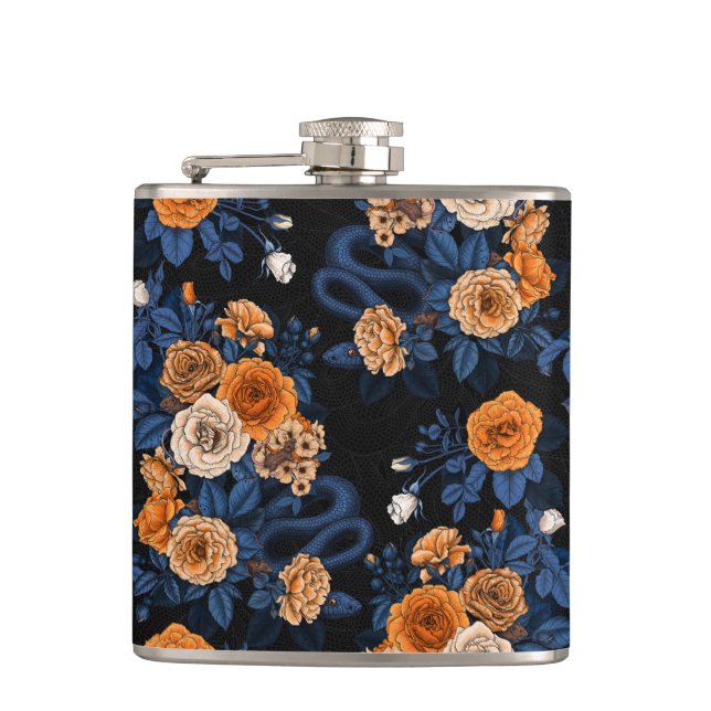 Hidden in the roses, orange and blue hip flask (Front)