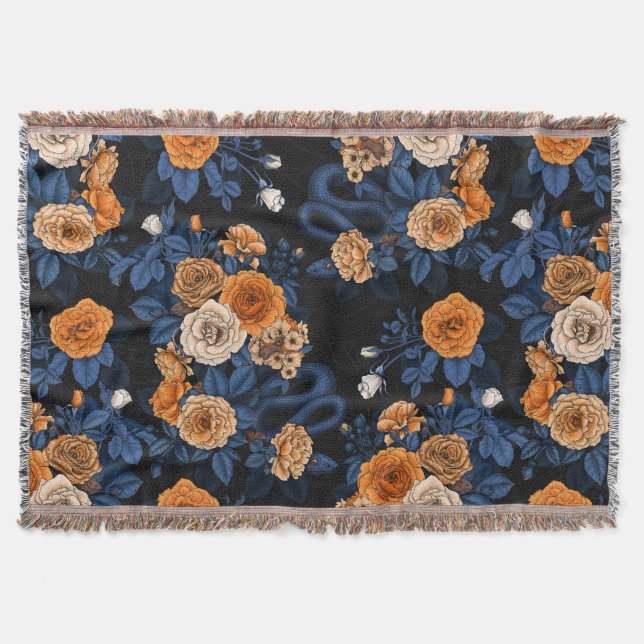 Hidden in the roses, orange and blue throw blanket (Front)