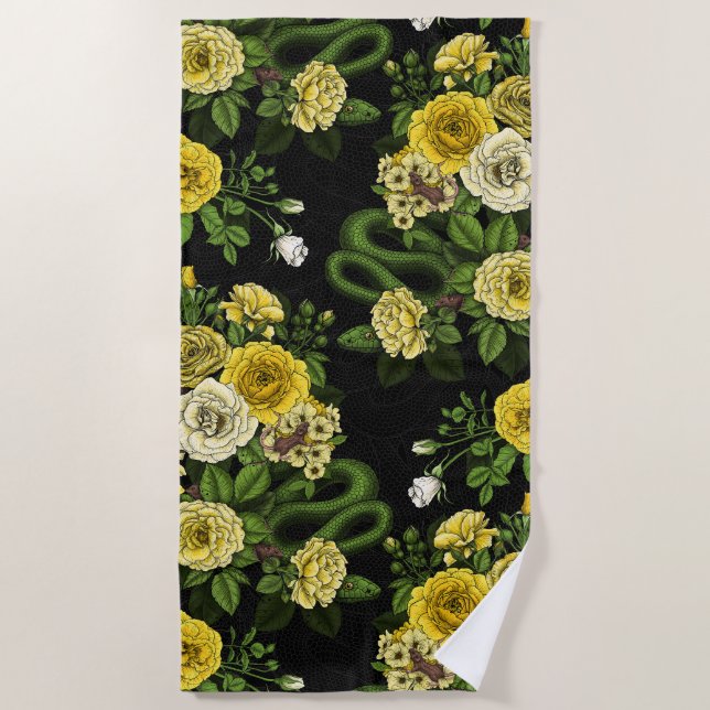 Hidden in the roses, yellow and green beach towel (Front)