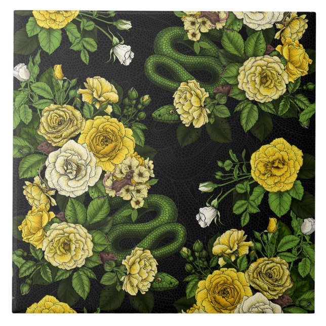 Hidden in the roses,yellow and green ceramic tile (Front)