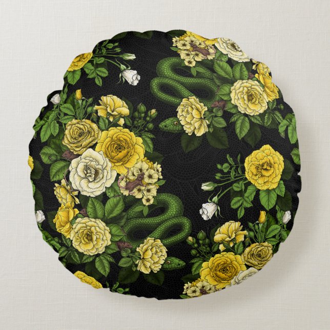 Hidden in the roses, yellow and green round cushion (Front)