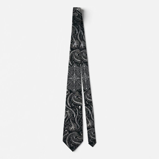 Hidden Skull & Spine Paisley | Silver Black Gothic Tie (Front)