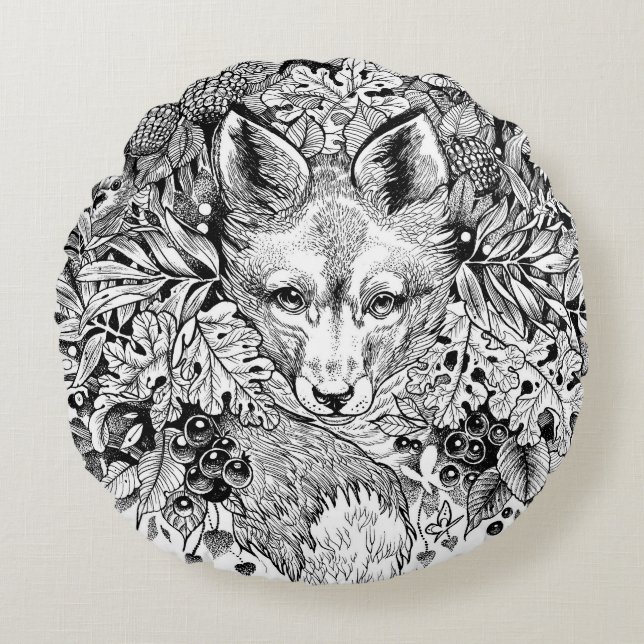 'Hiding Fox' black and white decorative pillow (Front)