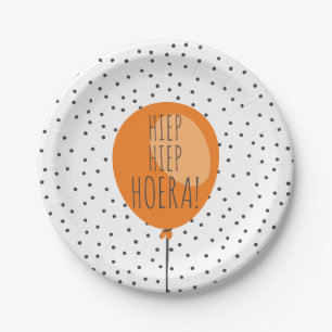 Hiep Hiep Hoera Orange Balloon Dutch Birthday Paper Plate