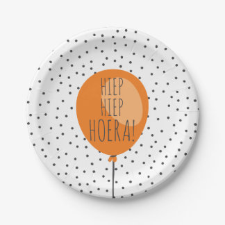 Hiep Hiep Hoera Orange Balloon Dutch Birthday Paper Plate