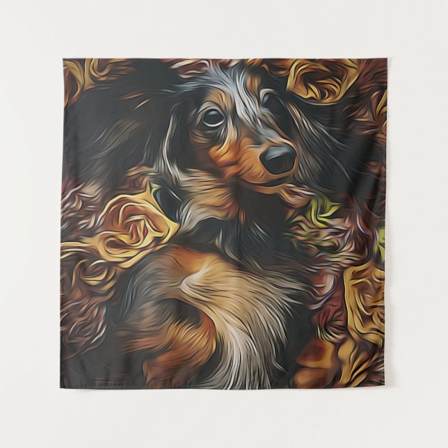 High Angle Portrait Of Dachshund Lying On Field Po Tapestry (Front)