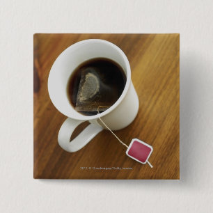 High angle view of a cup of tea 15 cm square badge