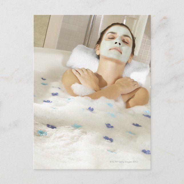 High angle view of a young woman wearing a postcard (Front)