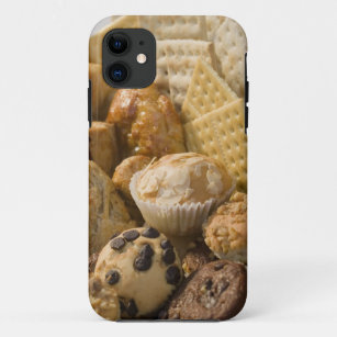 High angle view of muffins and crackers in a iPhone 11 case
