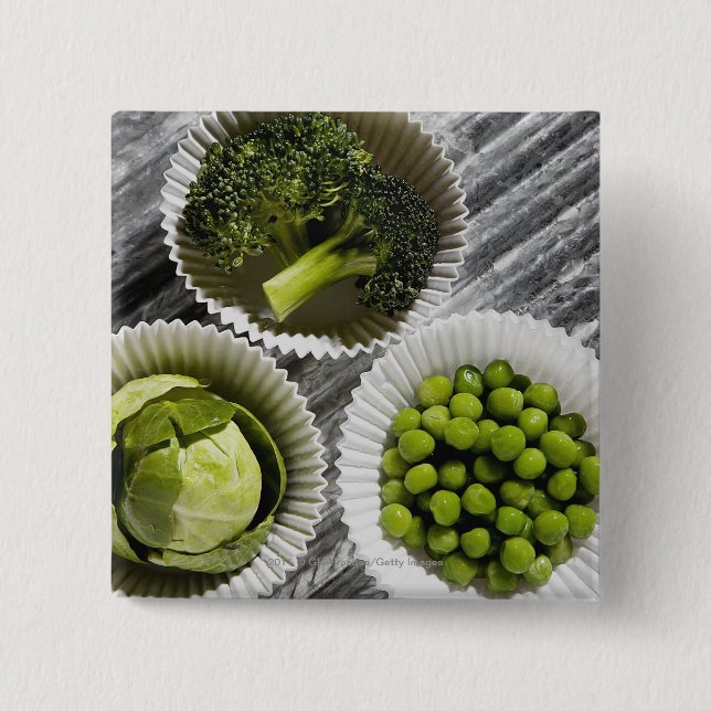 High angle view of vegetables in paper cups 15 cm square badge (Front)