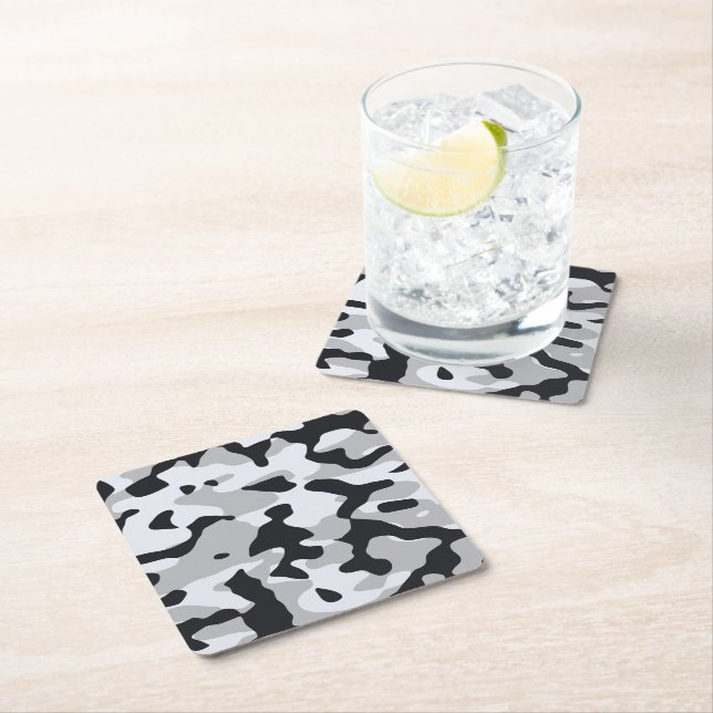High contrast urban camouflage square paper coaster (Insitu)