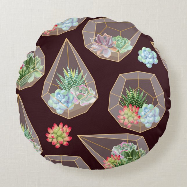 High detail succulent and cactus seamless pattern round cushion (Front)