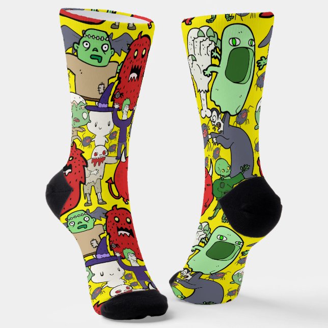 High end vibrant ghost cartoon Yellow Red Green Socks (Angled)