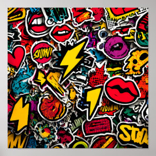 High-Energy Urban Decor: Seamless Retro Sticker Poster