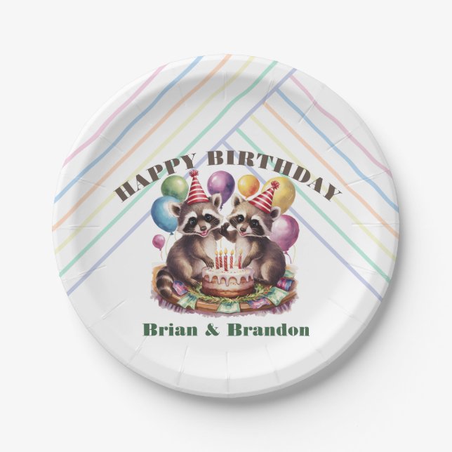 high five birthday party twins mapache baby racoon paper plate (Front)