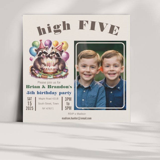 high five birthday party twins mapache theme photo invitation (Creator Uploaded)