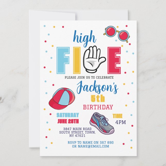 High Five Birthday Sunglasses 5th Summer Boys Invitation (Front)