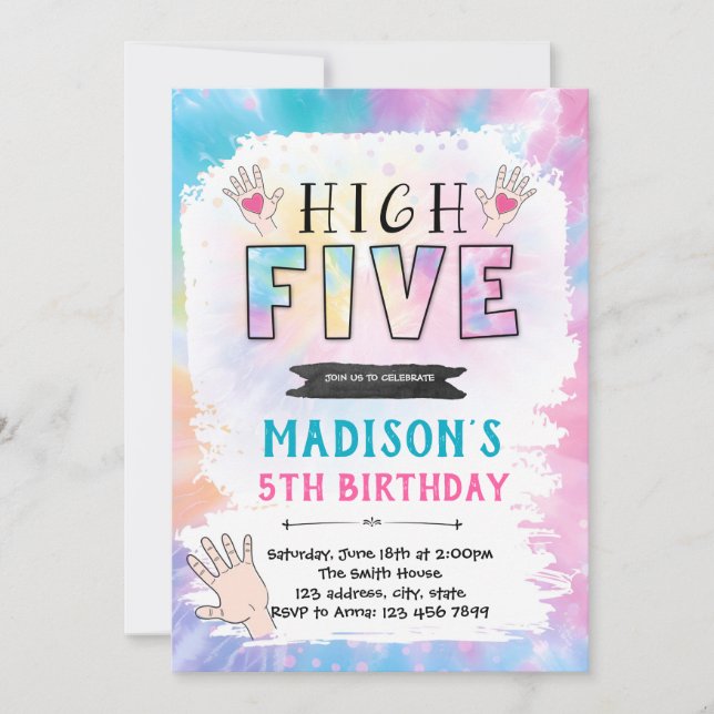 High five tie dye birthday invitation (Front)