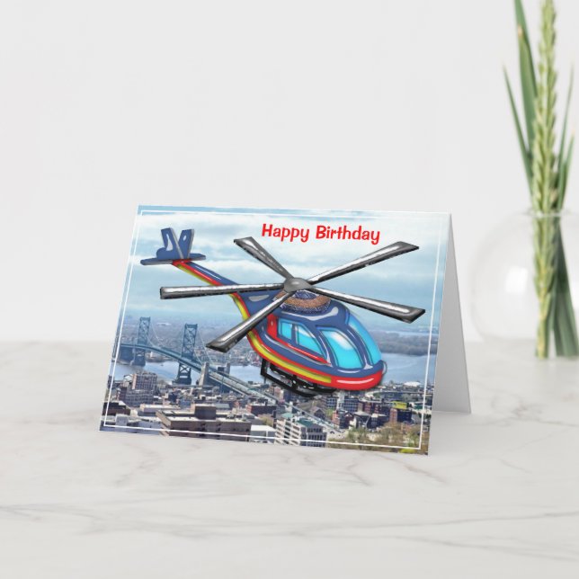 High Flying Helicopter over City Happy Birthday Card (Front)