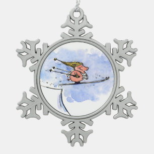High Flying Ski Jump Pig Snowflake Pewter Christmas Ornament