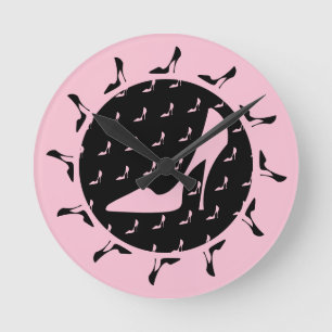 High Heel Black And Pink Round Clock