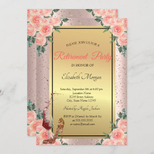 High Heel,Glass,Floral Rose Gold Retirement  Invitation