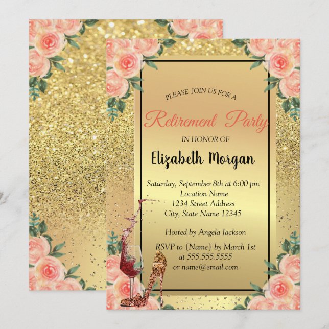 High Heel,Glass,Gold Glitter Floral Retirement Invitation (Front/Back)