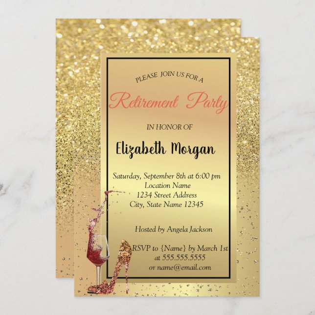 High Heel,Glass,Red, Gold Glitter Retirement Party Invitation (Front/Back)
