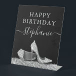 High Heel Shoe Black and Silver Glitter Birthday Pedestal Sign<br><div class="desc">Elegant and Chic Modern Silver and Black Happy Birthday Personalised Table Sign with Chic and Elegant Faux Glitter Silver High Heel Stiletto Shoes and custom name calligraphy script cursive in black and white.</div>