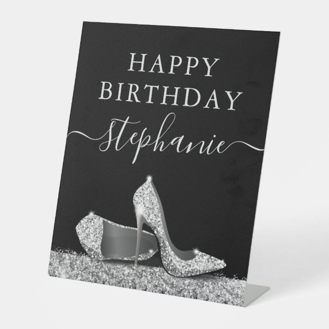 High Heel Shoe Black and Silver Glitter Birthday Pedestal Sign (Front)