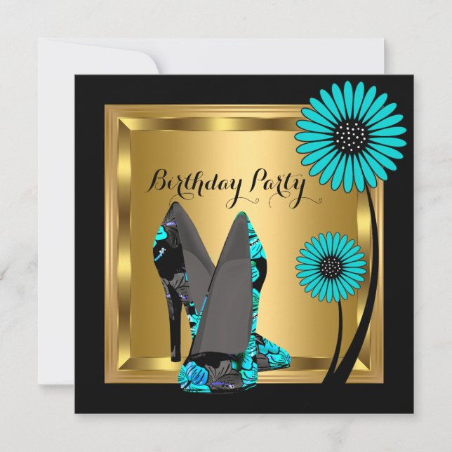 High Heel Shoe Floral Teal Black Birthday Party Invitation (Front)