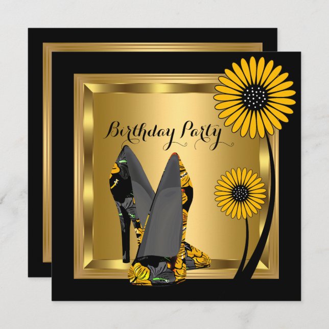 High Heel Shoe Floral Yellow Black Birthday Party Invitation (Front/Back)