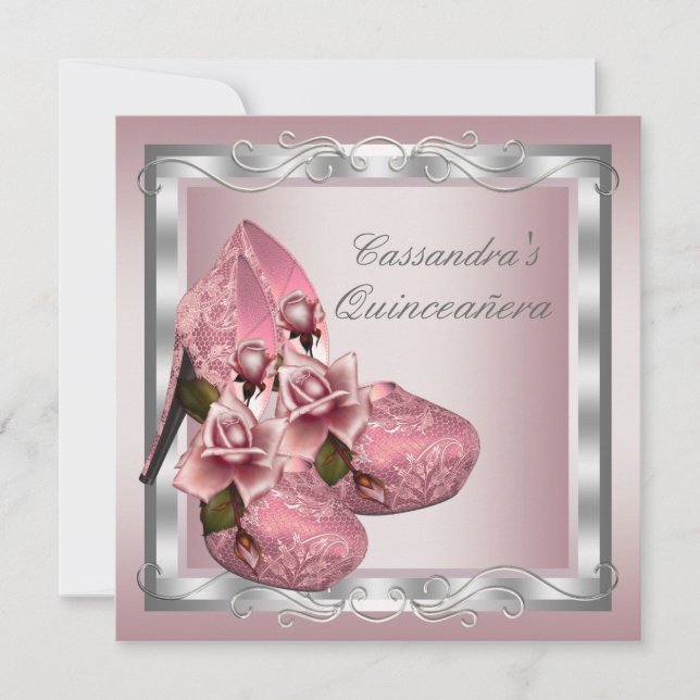 High Heel Shoe Pink Rose Quinceanera Invitation (Front)