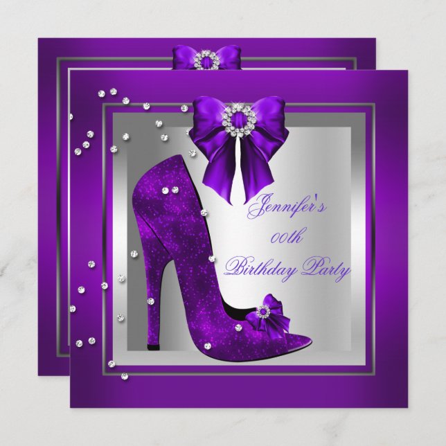 High Heel Shoe Silver Purple Birthday Party Invitation (Front/Back)