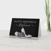 High Heel Shoes Black Silver Happy Birthday