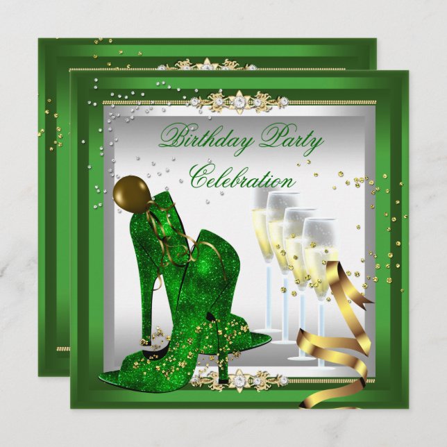High Heel Shoes Champagne Green Gold Silver Invitation (Front/Back)
