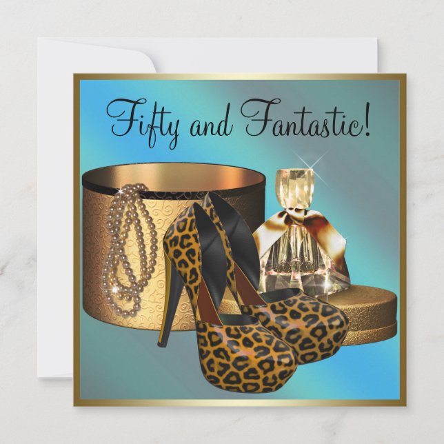 High Heel Shoes Leopard Gold Womans 50th Birthday Invitation (Front)