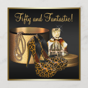 High Heel Shoes Leopard Gold Womans 50th Birthday Invitation