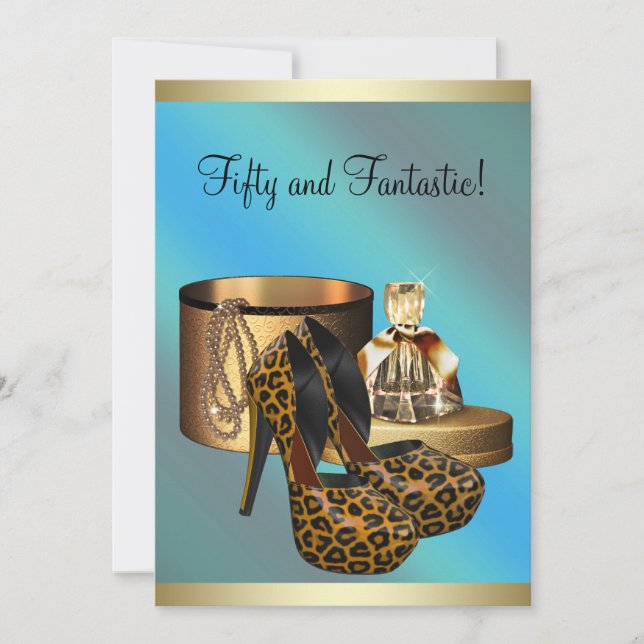 High Heel Shoes Leopard Gold Womans 50th Birthday Invitation (Front)